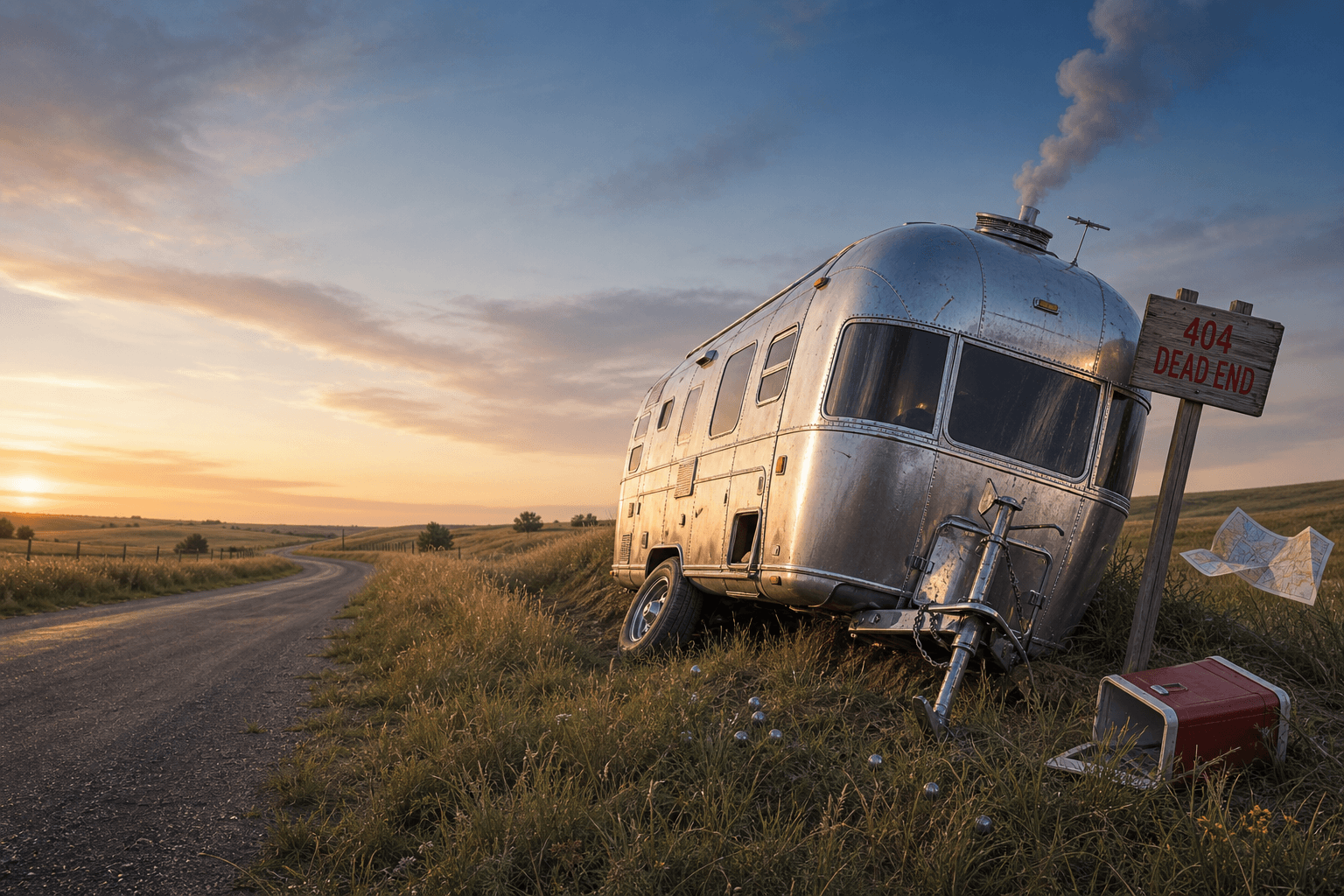A silver Airstream trailer tilted in a grassy roadside ditch at sunset beside a wooden sign that reads 404 Dead End, with smoke, a tipped cooler, and a map blowing in the breeze.