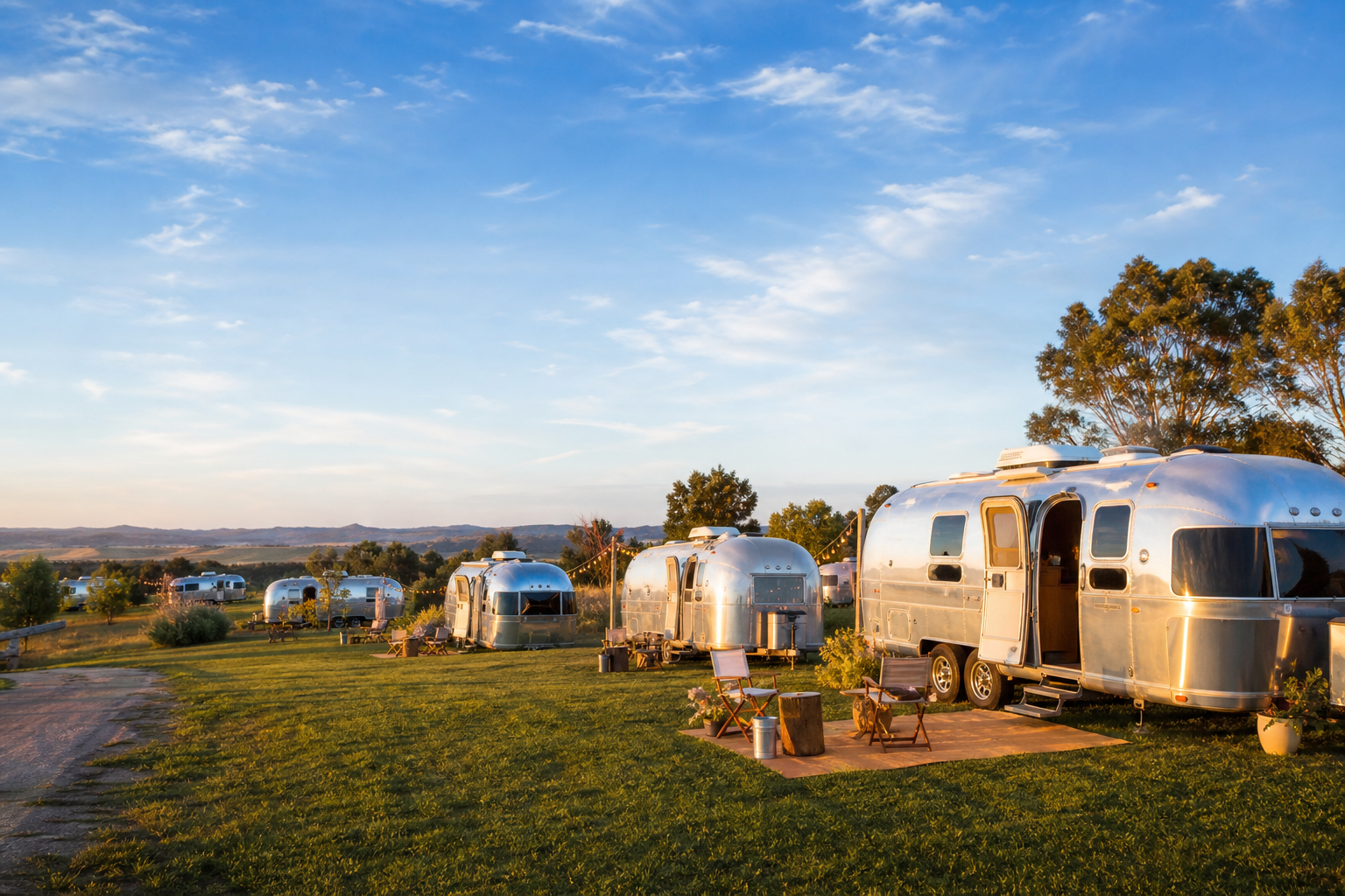 Silver Airstream trailers on an open lawn under a bright sky at a Rivet Life rally.