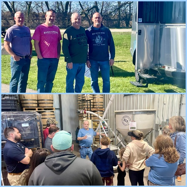 Rivet Life group beside an Airstream and guests on a distilling tour.
