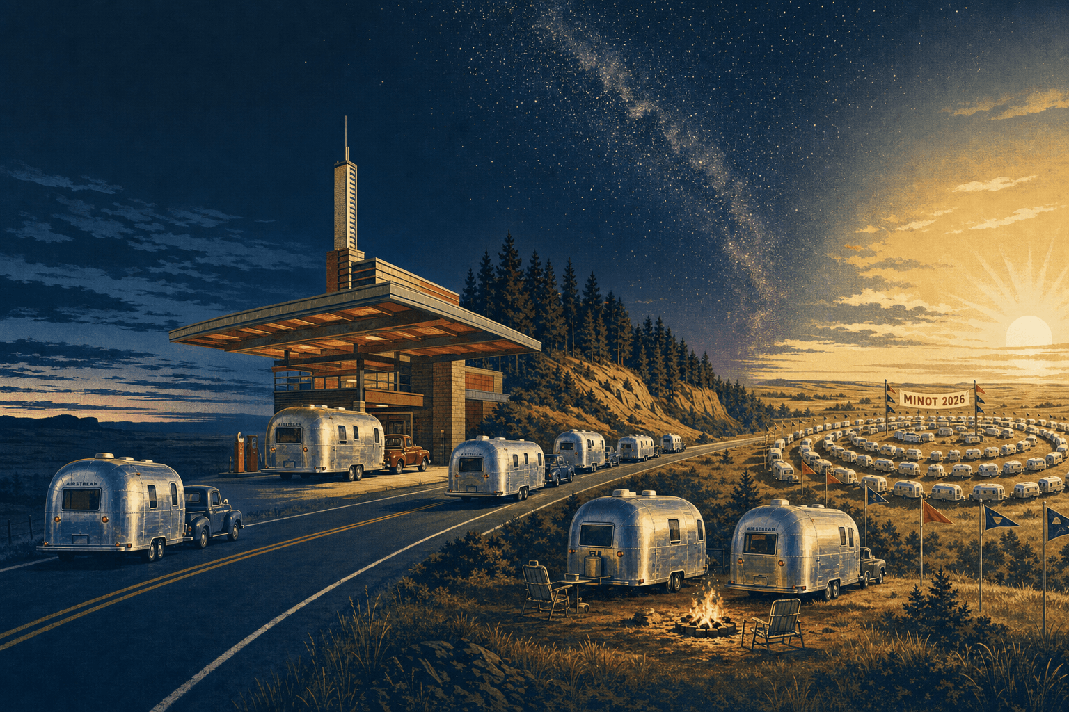 Vintage travel poster: Airstream caravan on a two-lane road past a Frank Lloyd Wright service station, a Milky Way camp, and the WBCCI international rally at Minot.